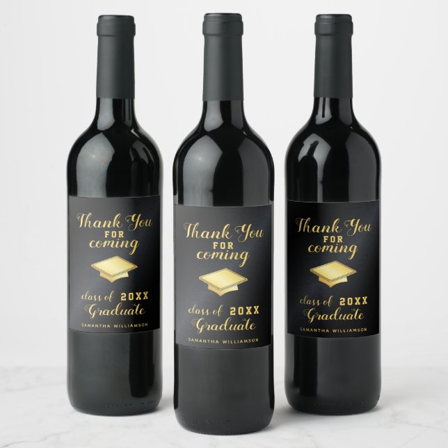 Glam Black and Gold Thank You Custom Graduation Wine Label (Bottles)