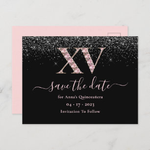 Glam Black And Pink Quinceanera Save The Date Postcard