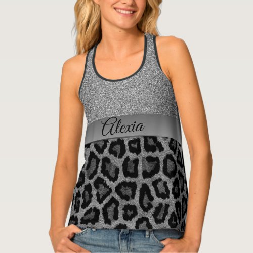  Glam Black and Silver Leopard Personalized Tank Top