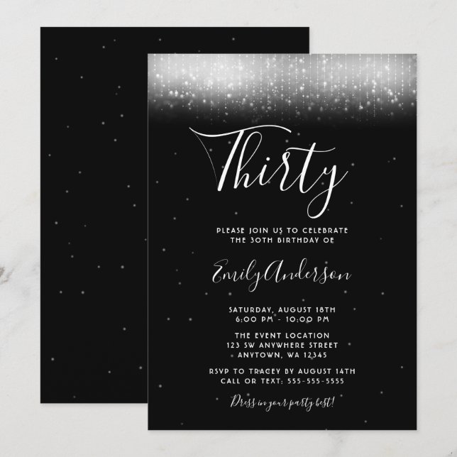 Glam Black and White 30th Birthday Invitation (Front/Back)