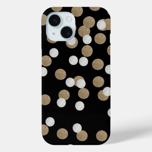 glam black and white dots champagne gold confetti iPhone 15 case