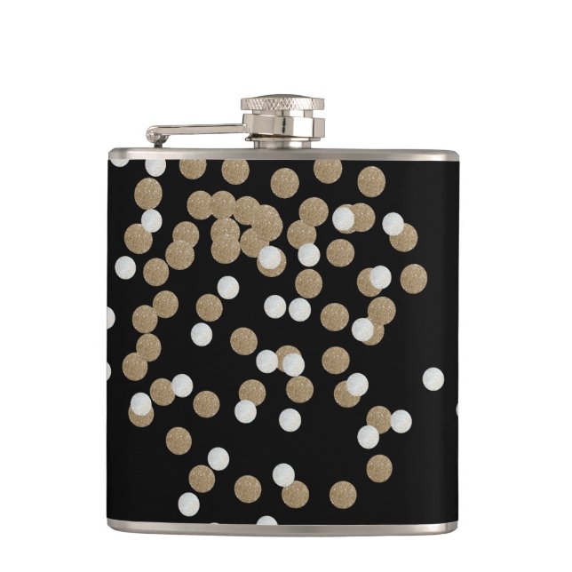 glam black and white dots champagne gold confetti flask (Front)
