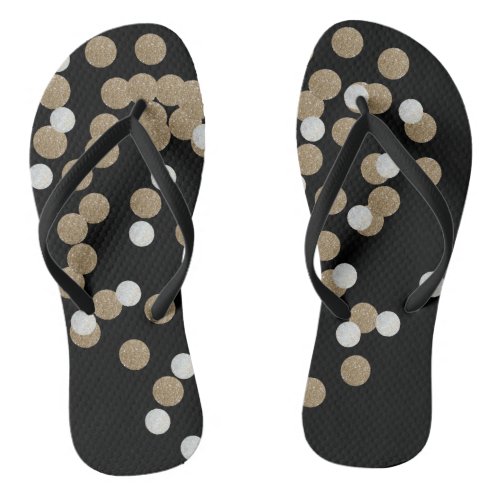 glam black and white dots champagne gold confetti flip flops