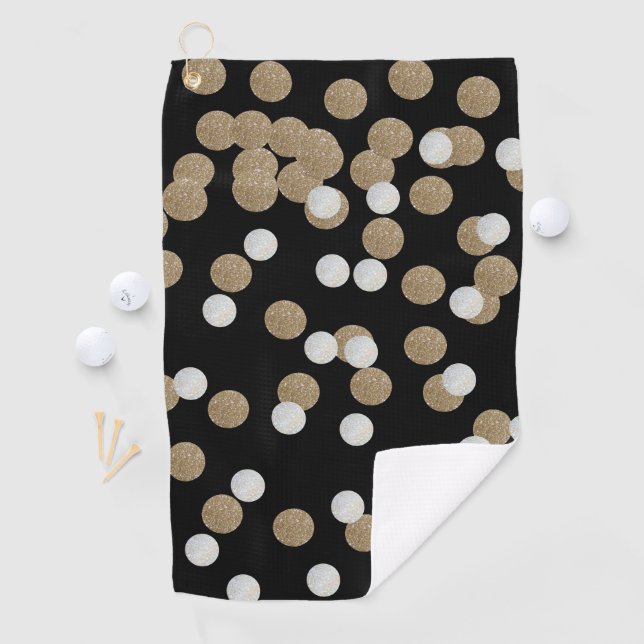glam black and white dots champagne gold confetti golf towel (InSitu)