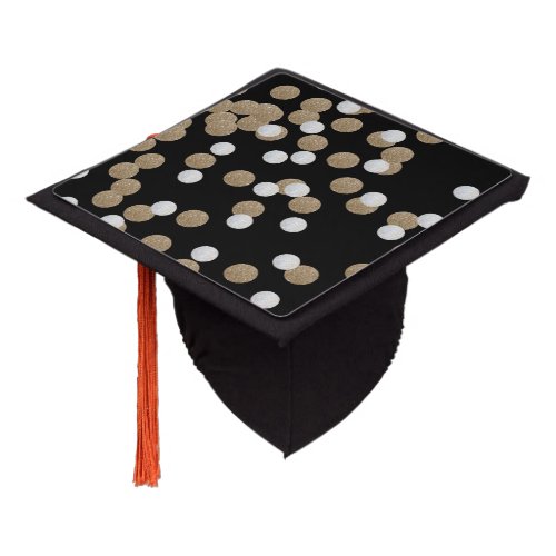 glam black and white dots champagne gold confetti graduation cap topper