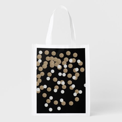 glam black and white dots champagne gold confetti grocery bag