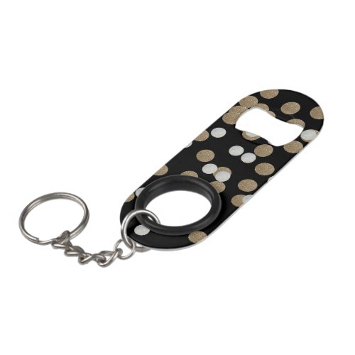 glam black and white dots champagne gold confetti keychain bottle opener