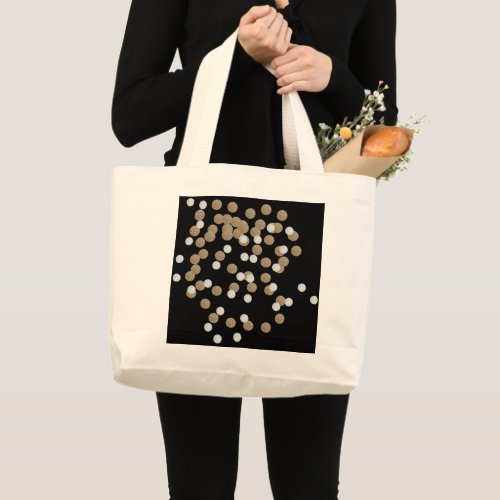 glam black and white dots champagne gold confetti large tote bag