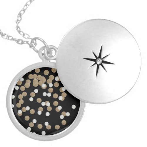 glam black and white dots champagne gold confetti locket necklace