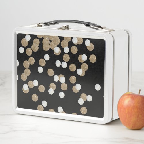 glam black and white dots champagne gold confetti metal lunch box