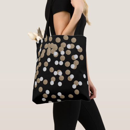 glam black and white dots champagne gold confetti tote bag