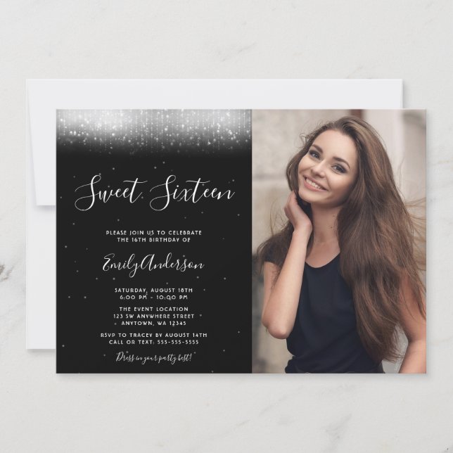 Glam Black and White Sweet 16 Photo Invitation (Front)