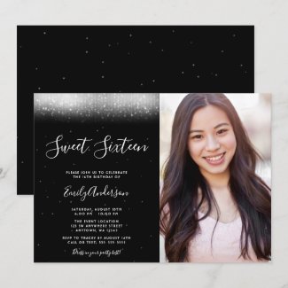 Glam Black and White Sweet 16 Photo Invitation