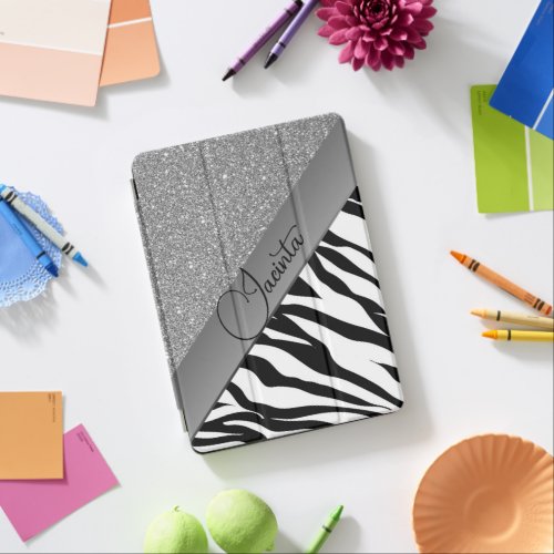 Glam Black and White Zebra Silver Glitter Custom iPad Air Cover