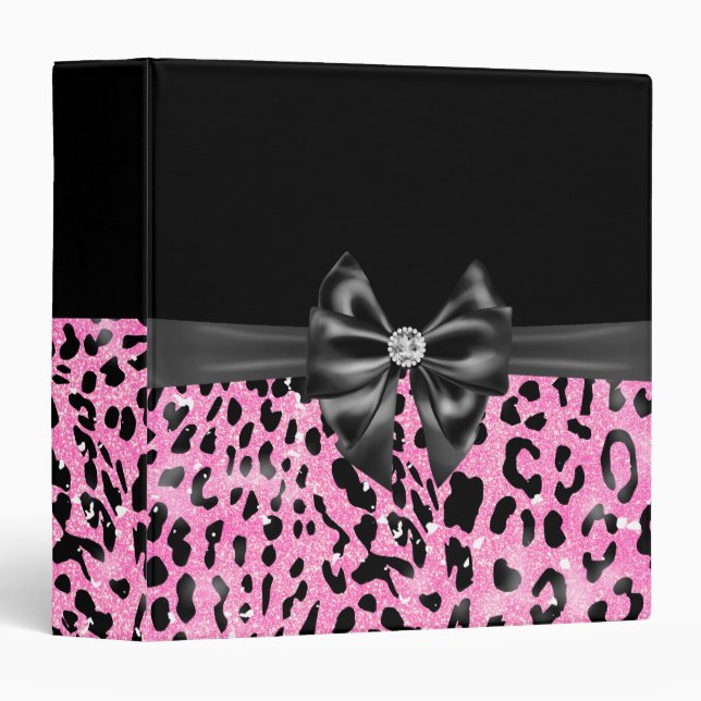 Glam Black Bow Diamond Pink Glitter Leopard  3 Ring Binder (Front/Spine)