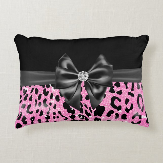 Glam Black Bow Diamond Pink Glitter Leopard  Accent Pillow (Front)