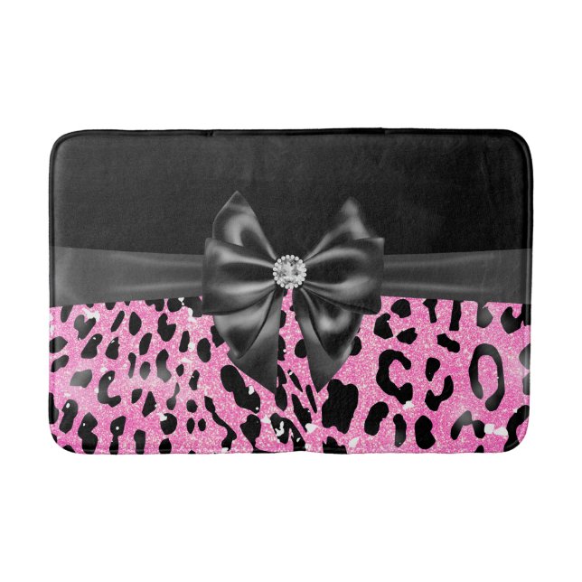 Glam Black Bow Diamond Pink Glitter Leopard  Bath Mat (Front)