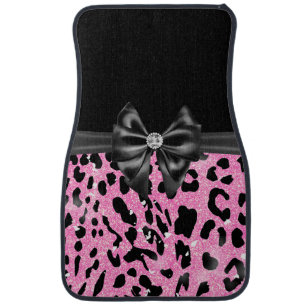 Glam Black Bow Diamond Pink Glitter Leopard  Car Floor Mat