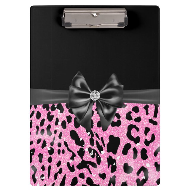 Glam Black Bow Diamond Pink Glitter Leopard  Clipboard (Front)