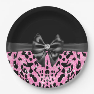 Glam Black Bow Diamond Pink Glitter Leopard Paper Plates