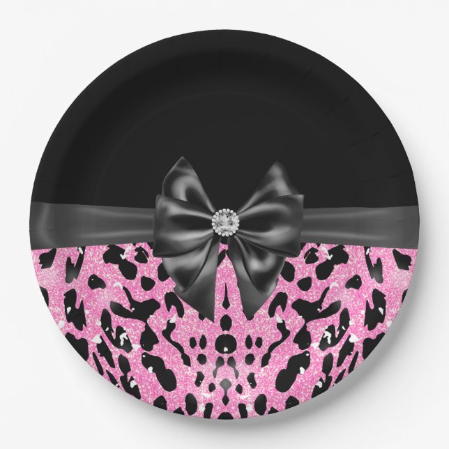 Glam Black Bow Diamond Pink Glitter Leopard  Paper Plates (Front)