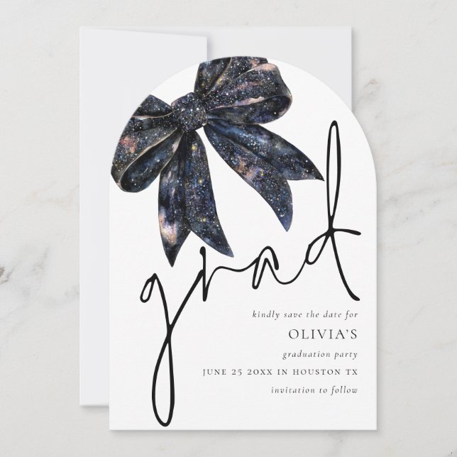Glam Black Bow graduation Grad Arch Save the Date (Front)