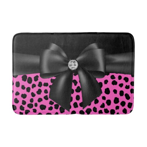 Glam Black Bow_Pink Leopard Print_Black Bath Mat