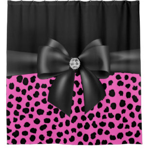 Glam Black Bow-Pink Leopard Print-Black Shower Curtain