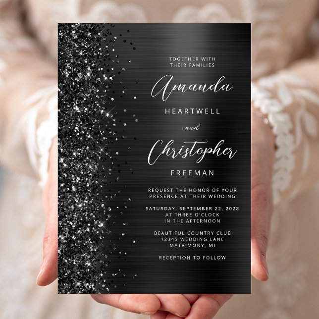 Glam Black Brushed Metal Glitter Script Wedding Invitation (Creator Uploaded)
