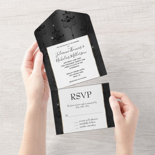 Glam Black Chandeliers All In One Invitation