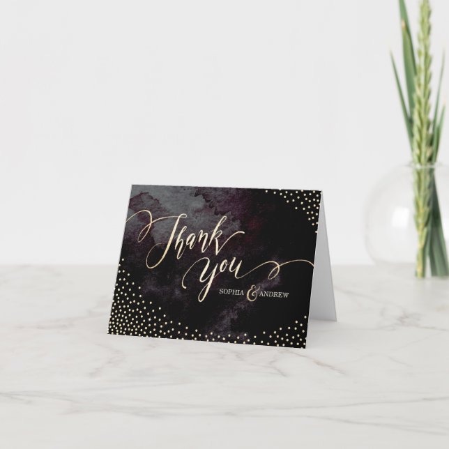 Glam black faux gold glitter calligraphy thank you (Front)