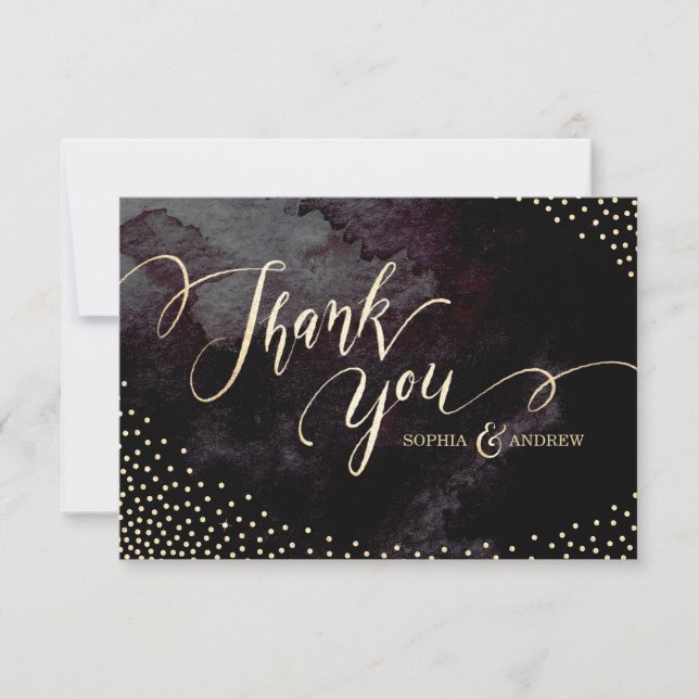Glam black faux gold glitter calligraphy thank you card (Front)