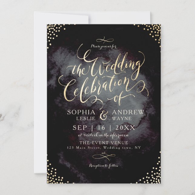 Glam black faux gold glitter calligraphy wedding invitation (Front)