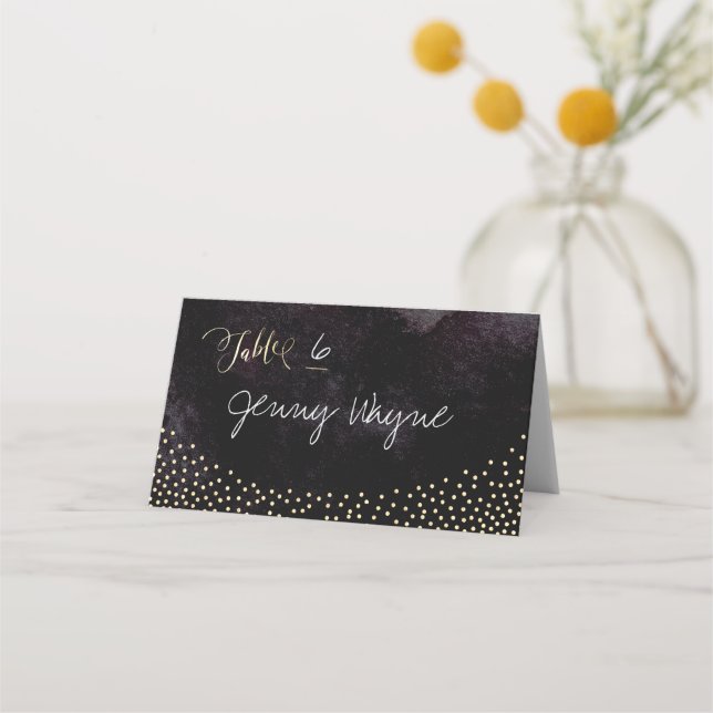 Glam black faux gold glitter place cards (Front)