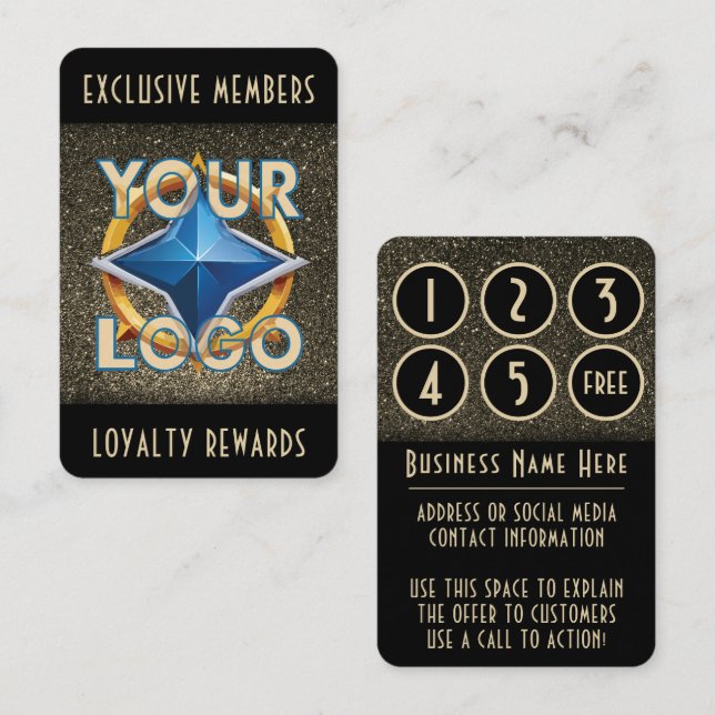 Glam Black & Faux Gold Glitter Rewards Punch Card (Front/Back)