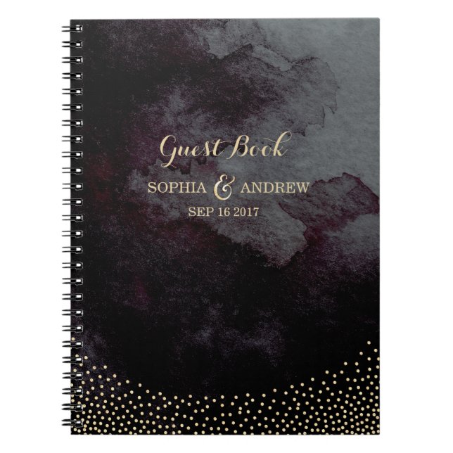 Glam black faux gold glitter wedding guest book (Front)