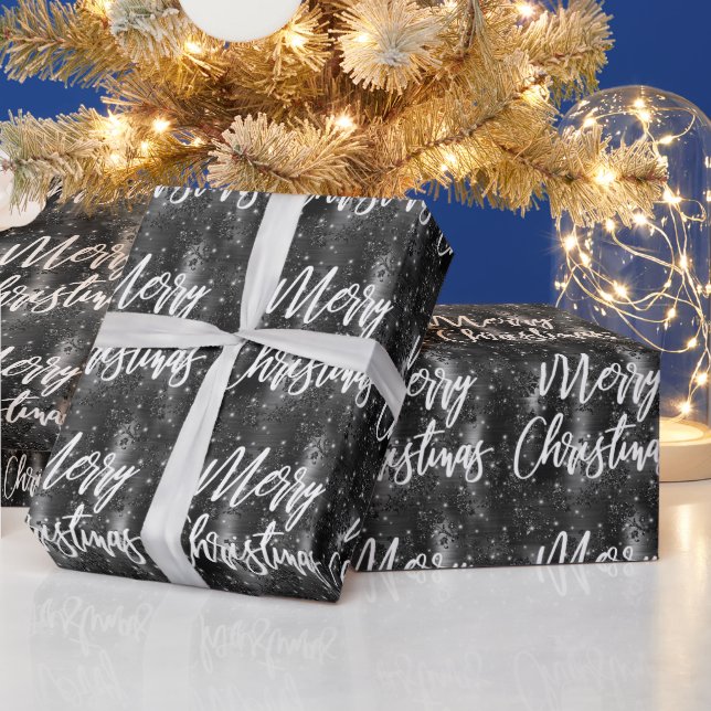 Glam Black Floral Glitter Merry Christmas Script Wrapping Paper (Holidays)