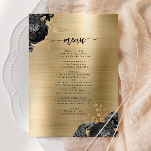 Glam Black Floral Gold Brushed Metal Wedding Menu