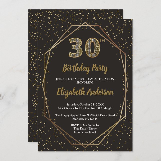 Glam Black Gold 30th Birthday Party Invitation (Front/Back)