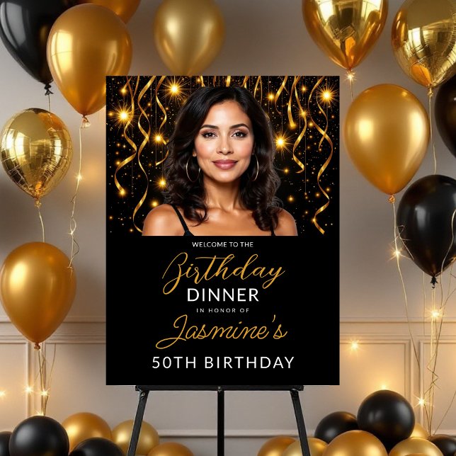 Glam Black & Gold 50th Photo Birthday Party Foam Board (Creator Uploaded)