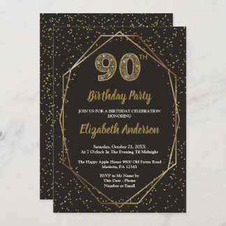Glam Black Gold 90th Birthday Party Invitation