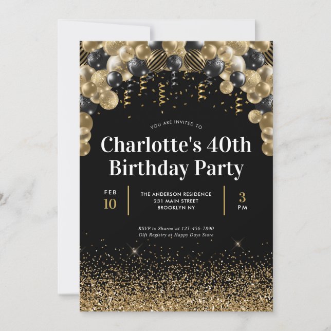 Glam Black Gold Balloon Glitter Any Age Birthday Invitation (Front)