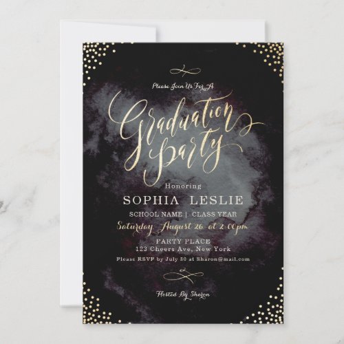Glam black gold calligraphy graduation party invitation