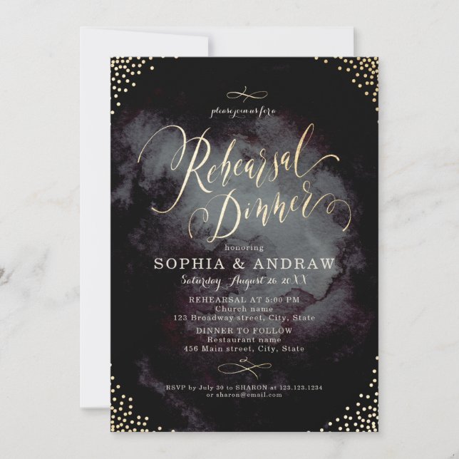 Glam black gold calligraphy Rehearsal Dinner Invitation (Front)