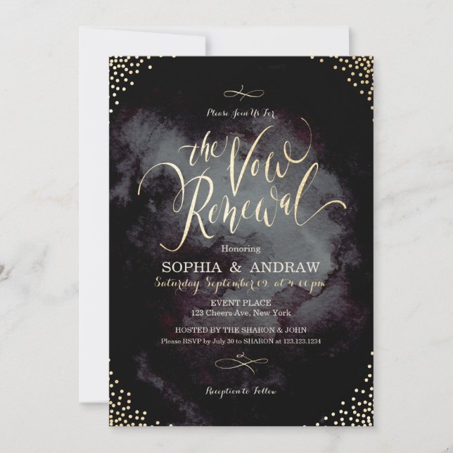 Glam black gold calligraphy vow renewal invitation (Front)