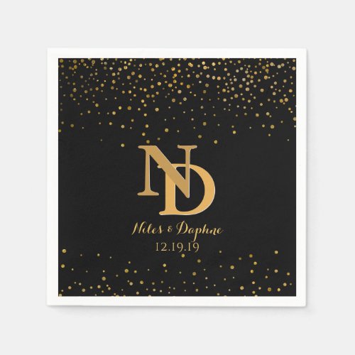 Glam Black Gold Confetti Wedding  Chic Monogram Paper Napkins