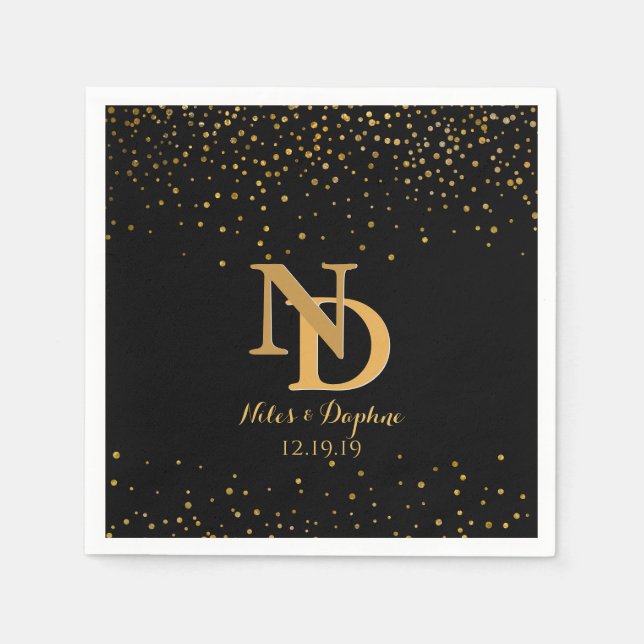 Glam Black Gold Confetti Wedding | Chic Monogram Paper Napkins (Front)