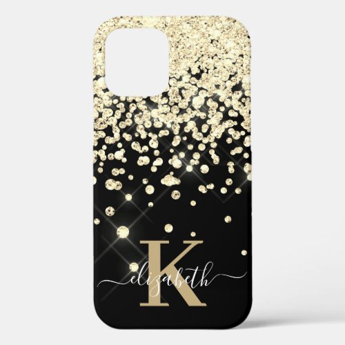 Glam Black Gold Diamond Confetti Monogrammed iPhone 12 Pro Case