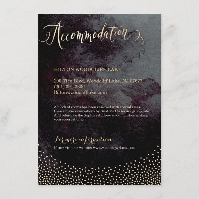 Glam black gold glitter calligraphy accommodation enclosure card (Front)