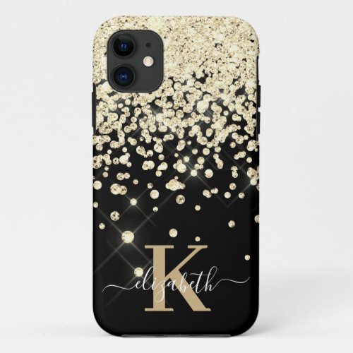 Glam Black Gold Glitter Diamond Monogrammed iPhone 11 Case